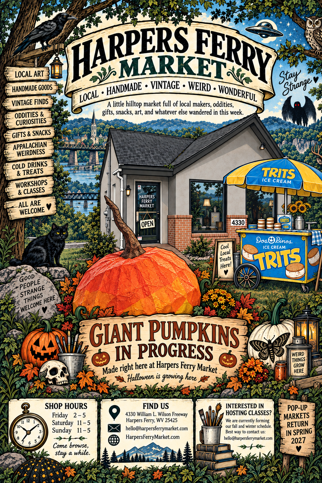 Harpers Ferry Market illustrated homepage featuring Pumpkin Lab, shop hours, contact information, classes and seasonal market information.